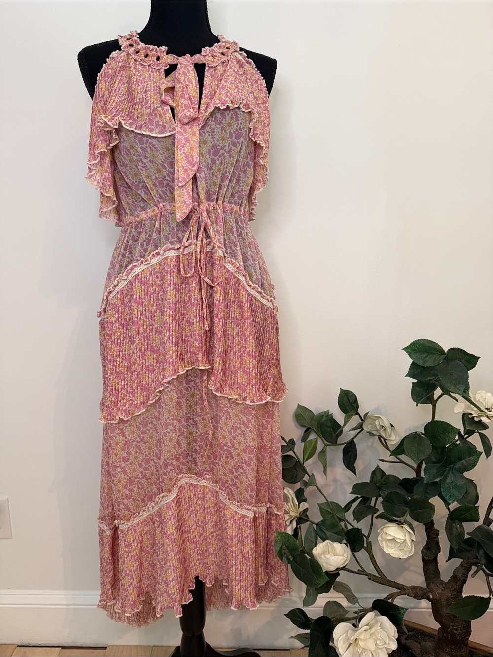 Antik Batik Pink Floral Sleeveless Tiered High Low Boho Maxi Dress XS
